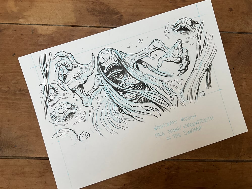 Image of Face jenny Greenteeth in the swamp. Original art for the witchcraft game.