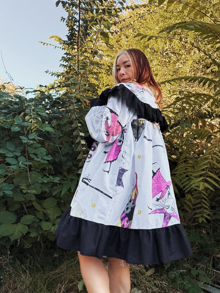 Image of Oversized Ruffle Collar & Puff Long Sleeve Dress — Halloween
