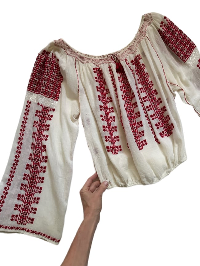 1960s Romanian hand embroidered gauze peasant blouse