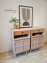 Image 3 of Pair of Nathan Bedside Tables / Cabinets in dusty pink