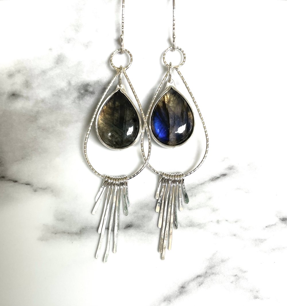 Handmade Sterling Silver Dangly Tassel Blue Labradorite Earrings 925