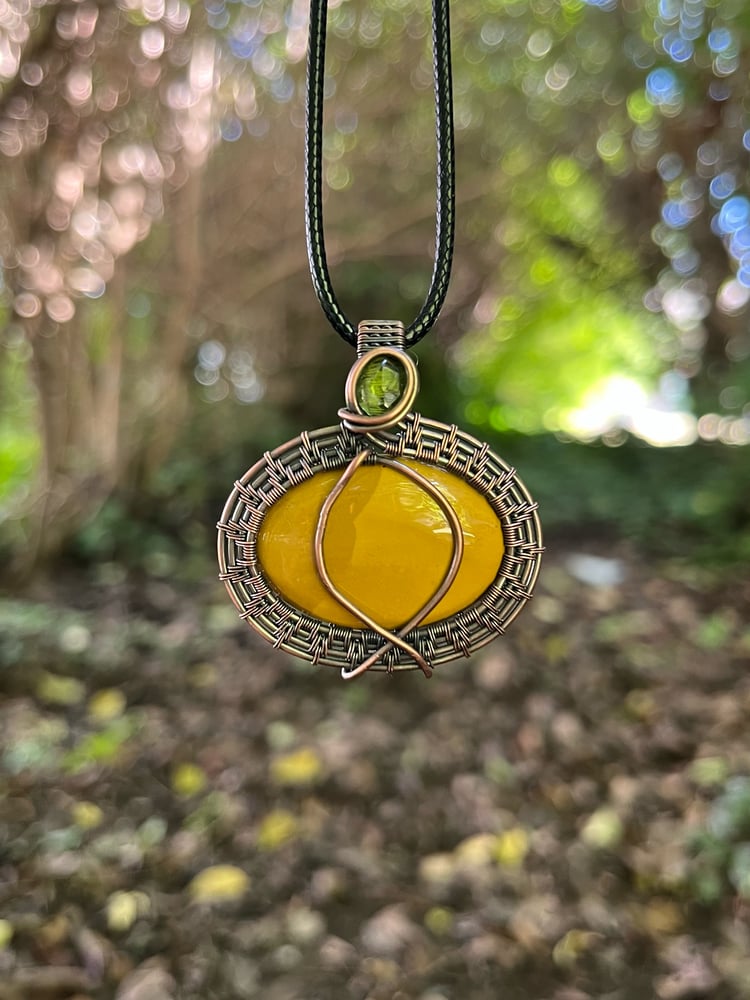 Image of mookaite x peridot pumpkin pendant