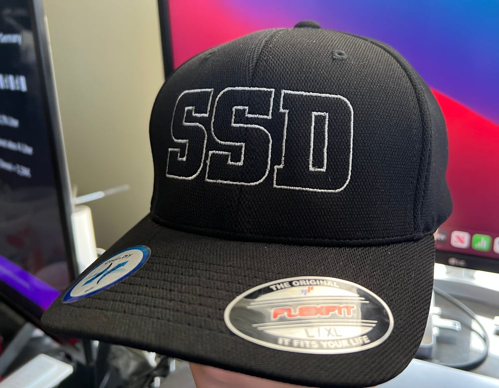 Black Flexfit hat with Grey SSD outline logo 