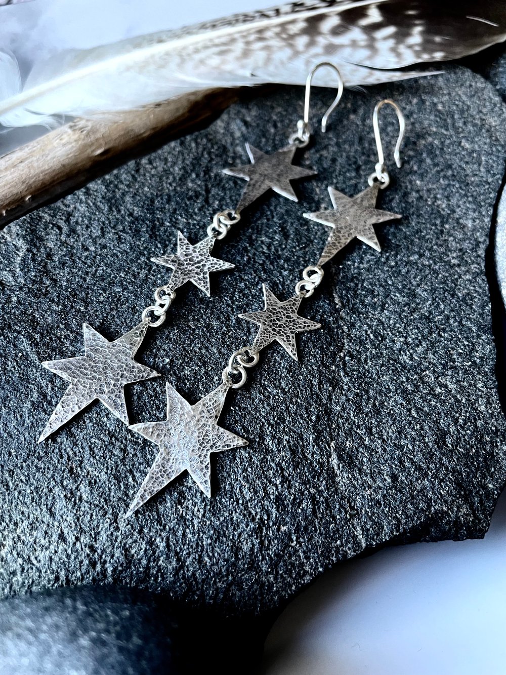 Handmade Silver Cosmic Triple Star Dangly Earrings. Celestial Silver Starry Earrings