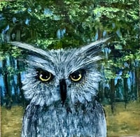 Image 1 of Acrylic Oil and Graphite painting on Wood “Owl in The Bright Woods” by Sheila Cameron copy
