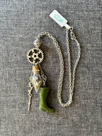 Image 2 of Steampunk repurposed necklace with gear and green boot