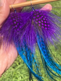 Image 2 of Feather Earrings, Festival Earrings, Colorful Dangle Earrings, Feather Earrings Purple Blue Black