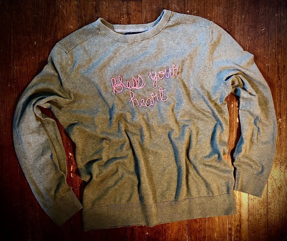 Gently pre-owned “Bless Your Heart” hand-embroidered sweater