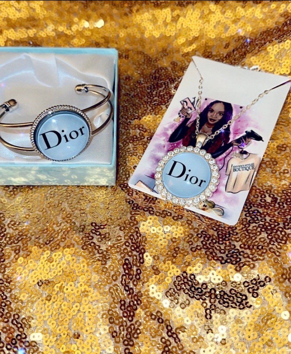 Image of Designer inspired louis vutton lv or Dior necklace and cuff bracelet set