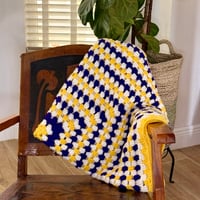 Image 7 of Handmade Square Pattern Yellow Purple and White Crochet Baby Blanket Throw 