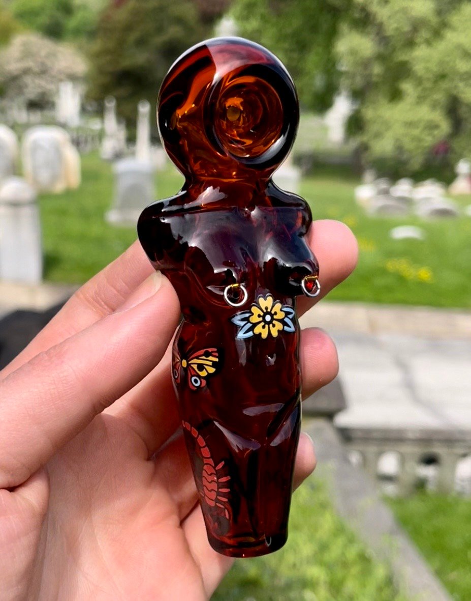 Amber Body Pipe with Nipple Rings and Tattoo Decals