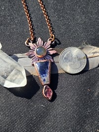 Image 3 of Electroformed labradorite, Sodalite and glass leaf sunflower necklace