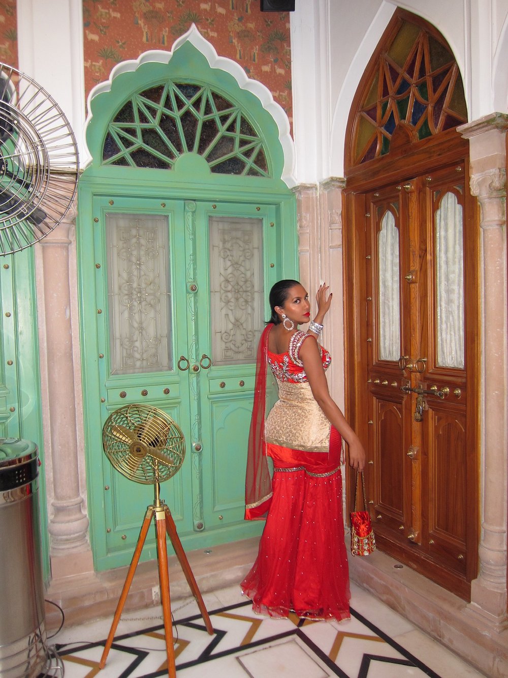 Image of RED/GOLD PALAZZO PANT SUIT WITH RHINESTONES