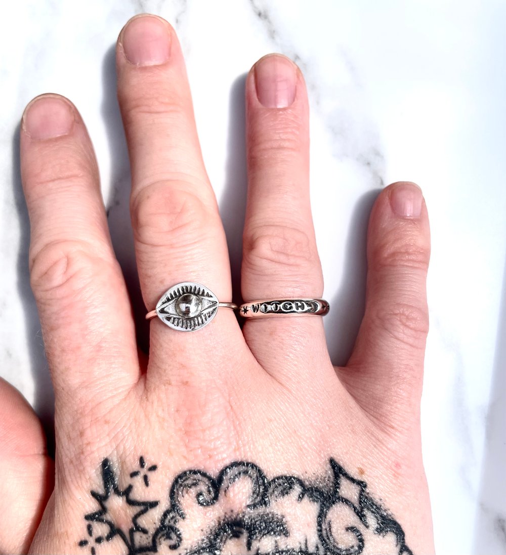 Chunky Rounded Silver Witch Ring With Stars And Moons. Sterling.
