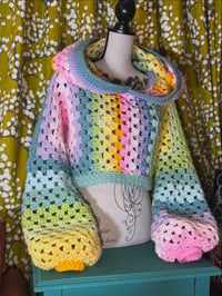 Image 2 of WHIMSY - Hooded crop top jumper flared bell sleeve - handmade crochet - acrylic - pastel rainbow