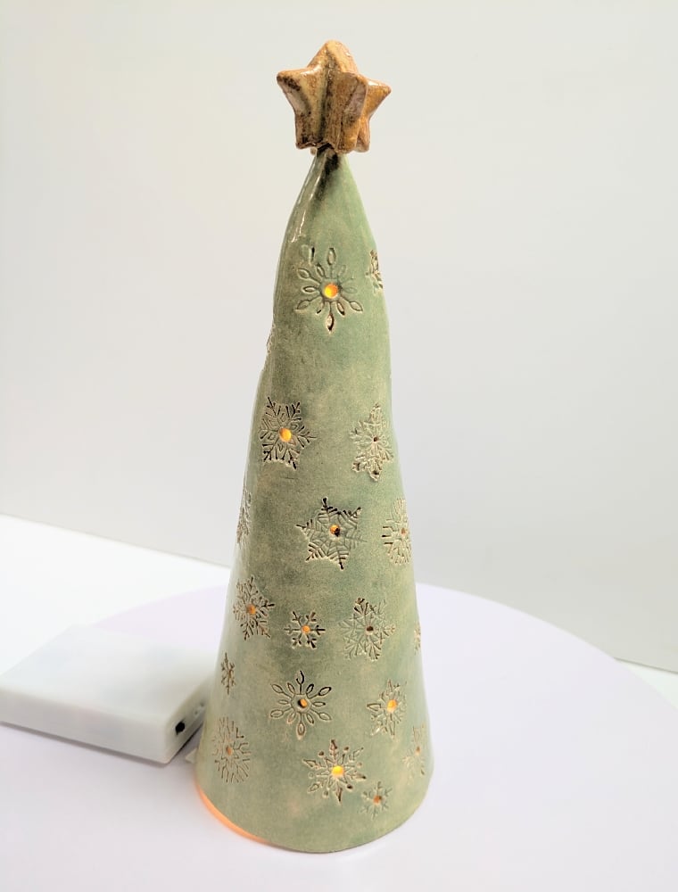 Image of Light Green Ceramic Lighted Christmas Tree Embossed With Snowflakes