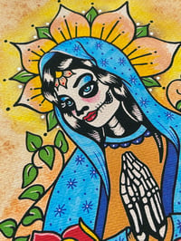 Image 3 of Day of the Dead Praying Virgin Mary with Flowers Tattoo Art Print