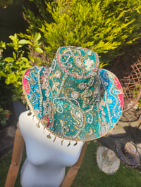 Image 6 of Dolly cowboy hat - recycled sari fabric green pop of pink