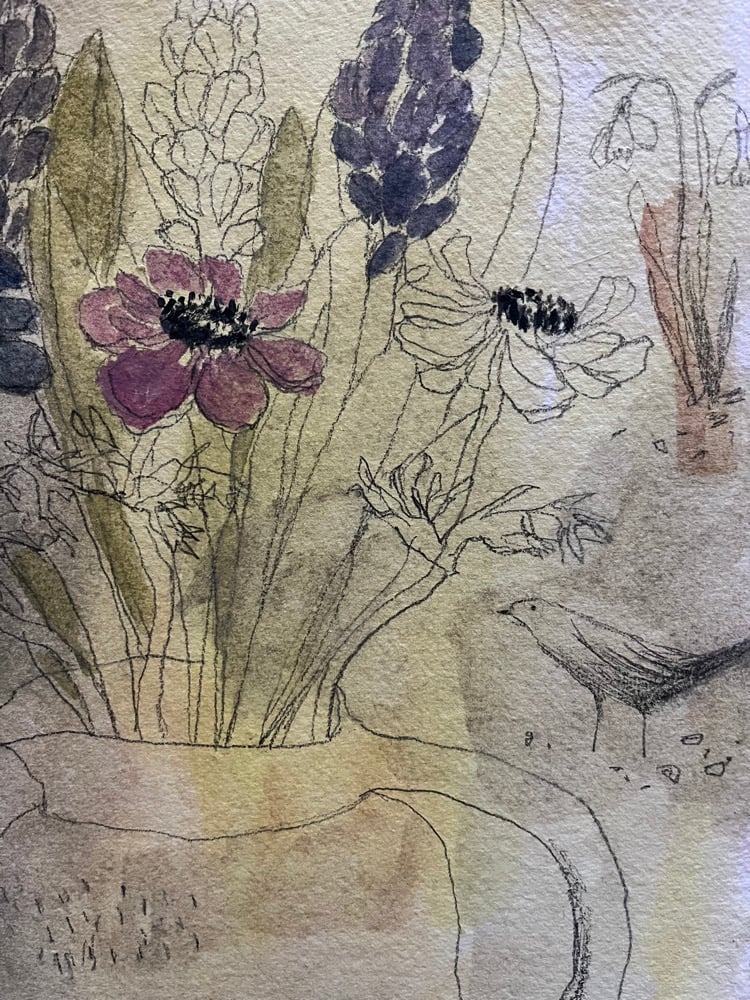 Image of Studio flowers and little bird. 