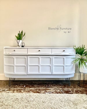Image of Stunning Nathan Curved Sideboard in White on Brushed Steel Legs