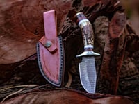 Image 2 of 9" Handmade Damascus Steel Skinner Knife with Elk Antler Handle & Cowhide Leather Sheath