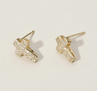 Gold Cz Stone Paved Cross Stud Earrings