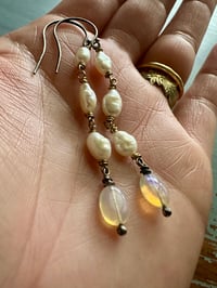 Image 3 of sterling and 14k gold pearl opal dangle earrings