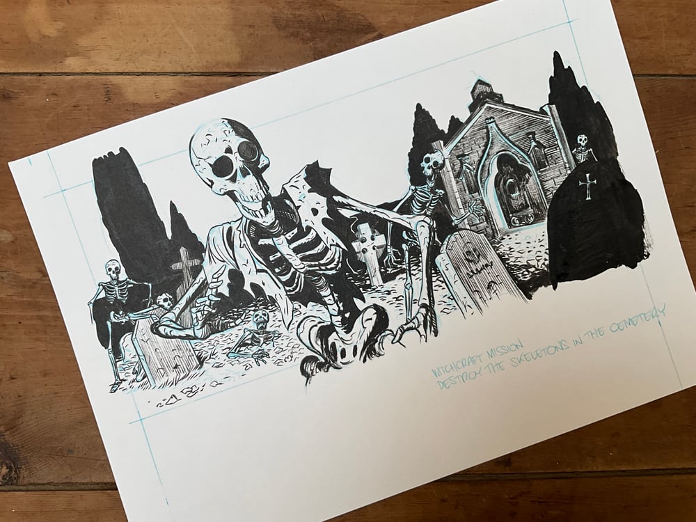 Image of Destroy the skeletons in the cemetery. Original art for the witchcraft game.