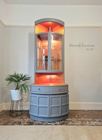 Image 2 of Tall, Mid Century, Curved Corner Drinks Cabinet unit with light in Grey - by Nathan