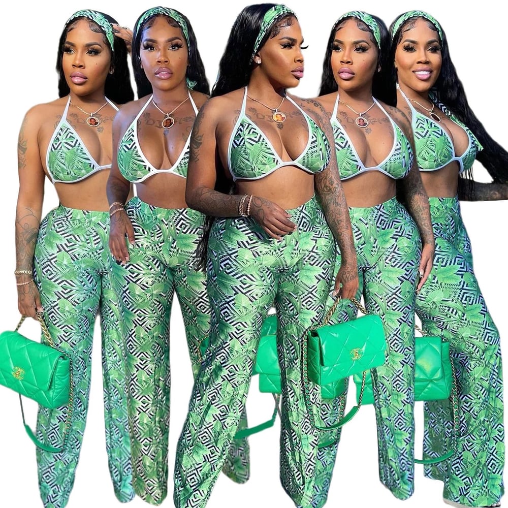 Image of Sexy Woman Bra Set Include Scarf Fashion Leaf Print 2 Piece Pants Sets Women 