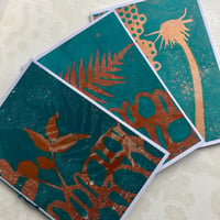 Image 1 of Monoprint Cards, Blank Inside, Set of 3, Teal and Copper