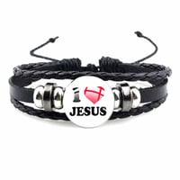 Image 5 of Jesus Fish Christian Symbol Bracelet Handmade Glass Gem Punk Black Woven Leather Bracelet Men'S And 