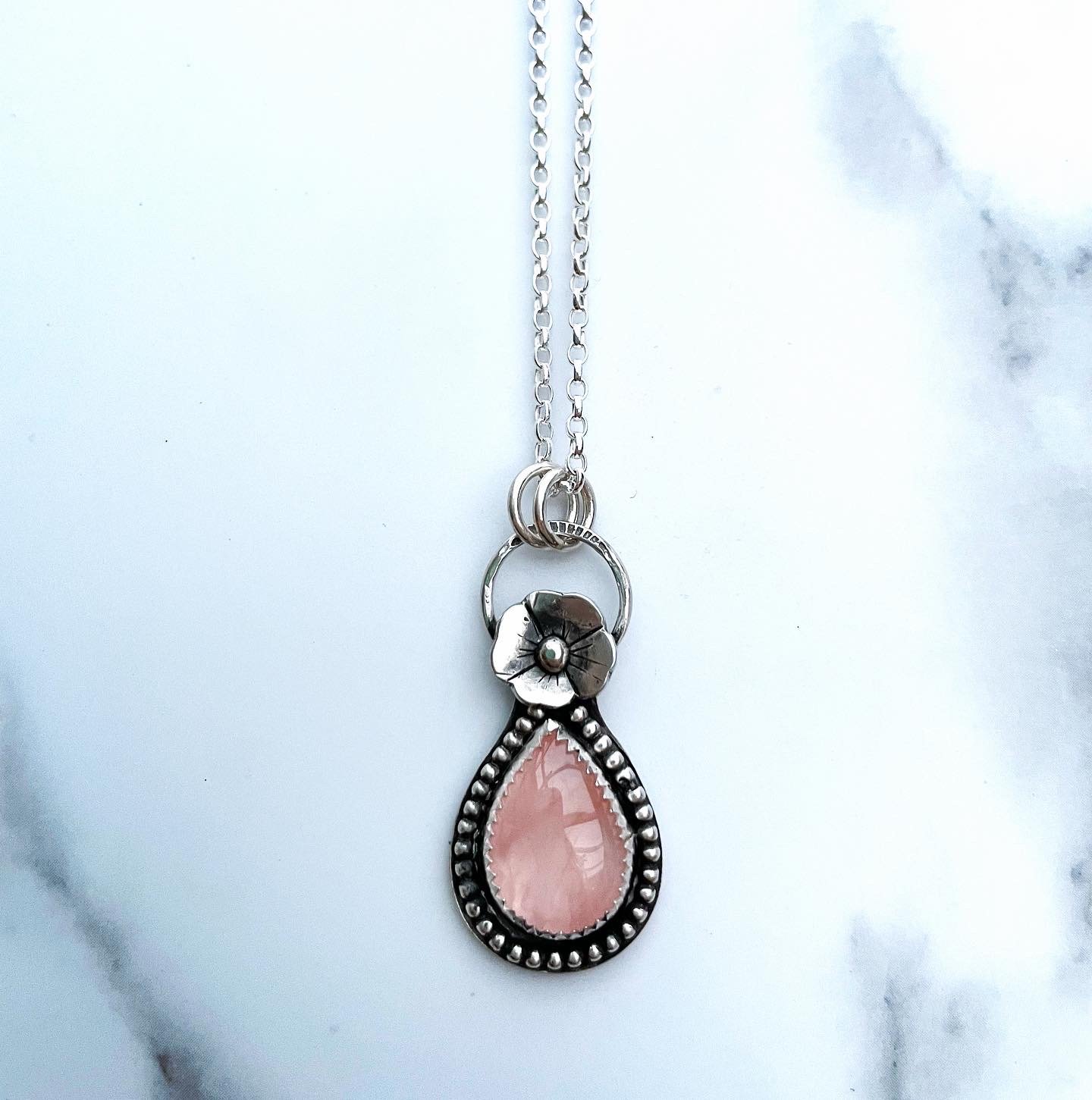 Image of Handmade Sterling Silver Flower Rose Quartz Pendant 925