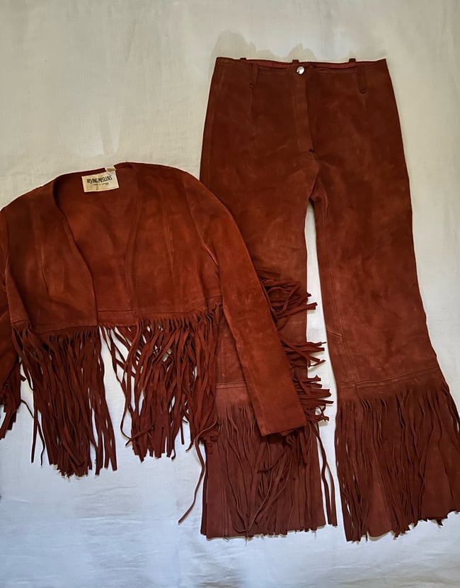 stellar late 1960s fringe suede trouser and bolero jacket set