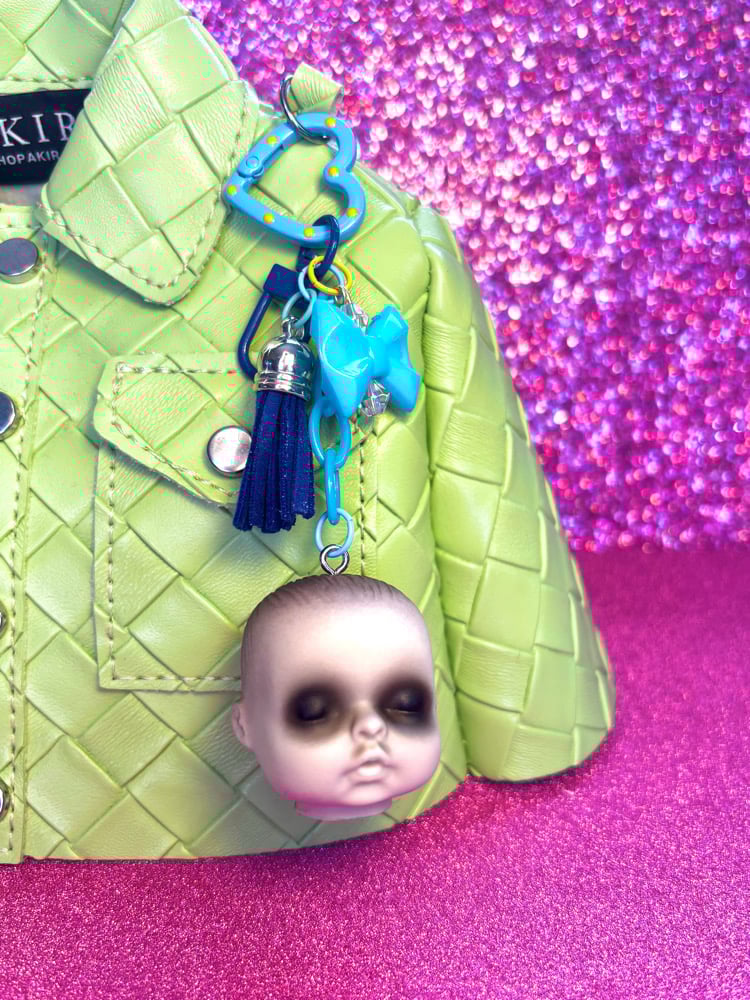 Image of Creepy Baby Doll Head Bag Charm Blue