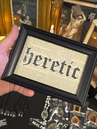 Image 1 of "HERETIC" 1800's bible page with preserved spider web  B copy