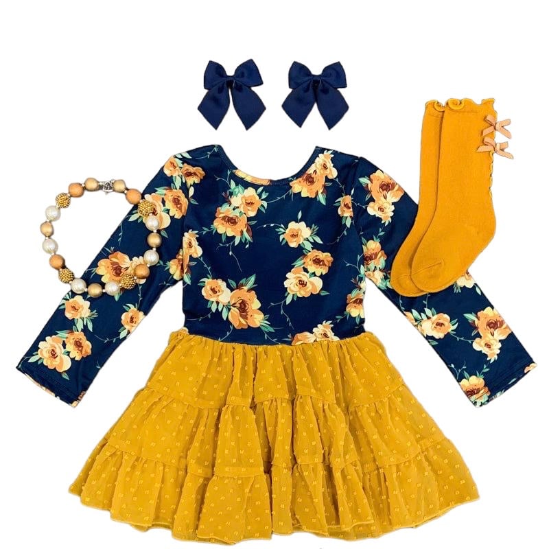 Navy & Mustard Floral Tutu Dress