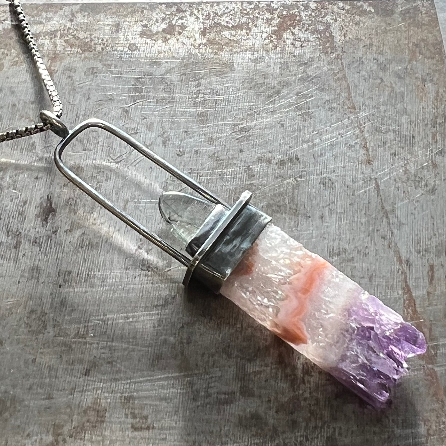 Image of Amethyst Slice & Green Tourmalated Quartz Talisman Necklace