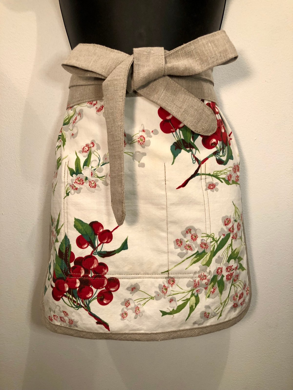 Happy Host Waist Apron | Vintage Couture | Floral/Cherry Print Cotton. European Linen 