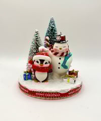 Retro Snowman and Penguin Snowy Scene