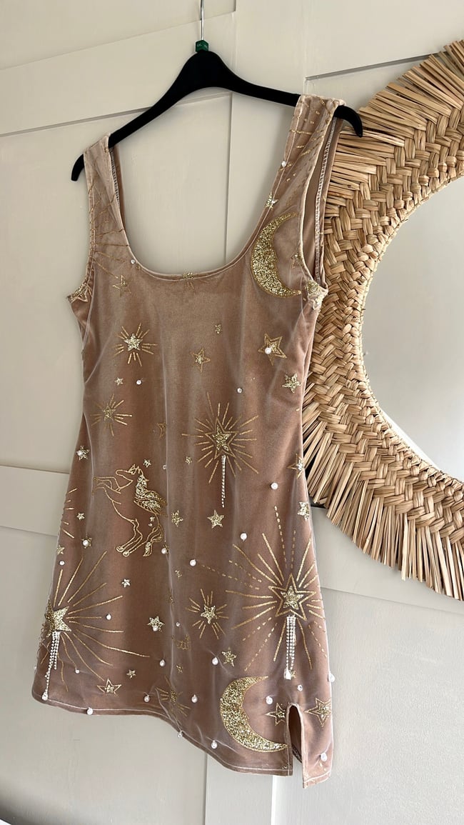 Sparkly horse, star, sun and moon sequin details tulle and champagne velvet dress