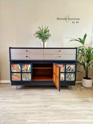 Image of Stunning Nathan Sideboard in Navy Blue with Decoupaged Squares, Silver Drawers