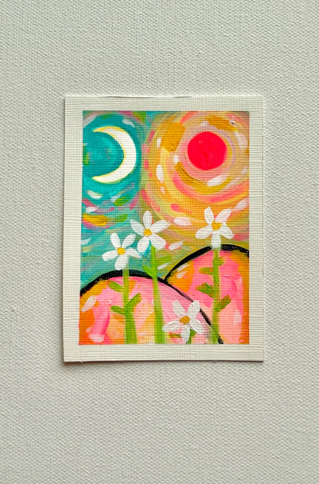 Four little daises fell in love with the moon. Original mini painting.
