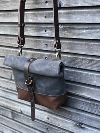 Image 2 of Day bag in grey brown waxed filter twill with leather bottom