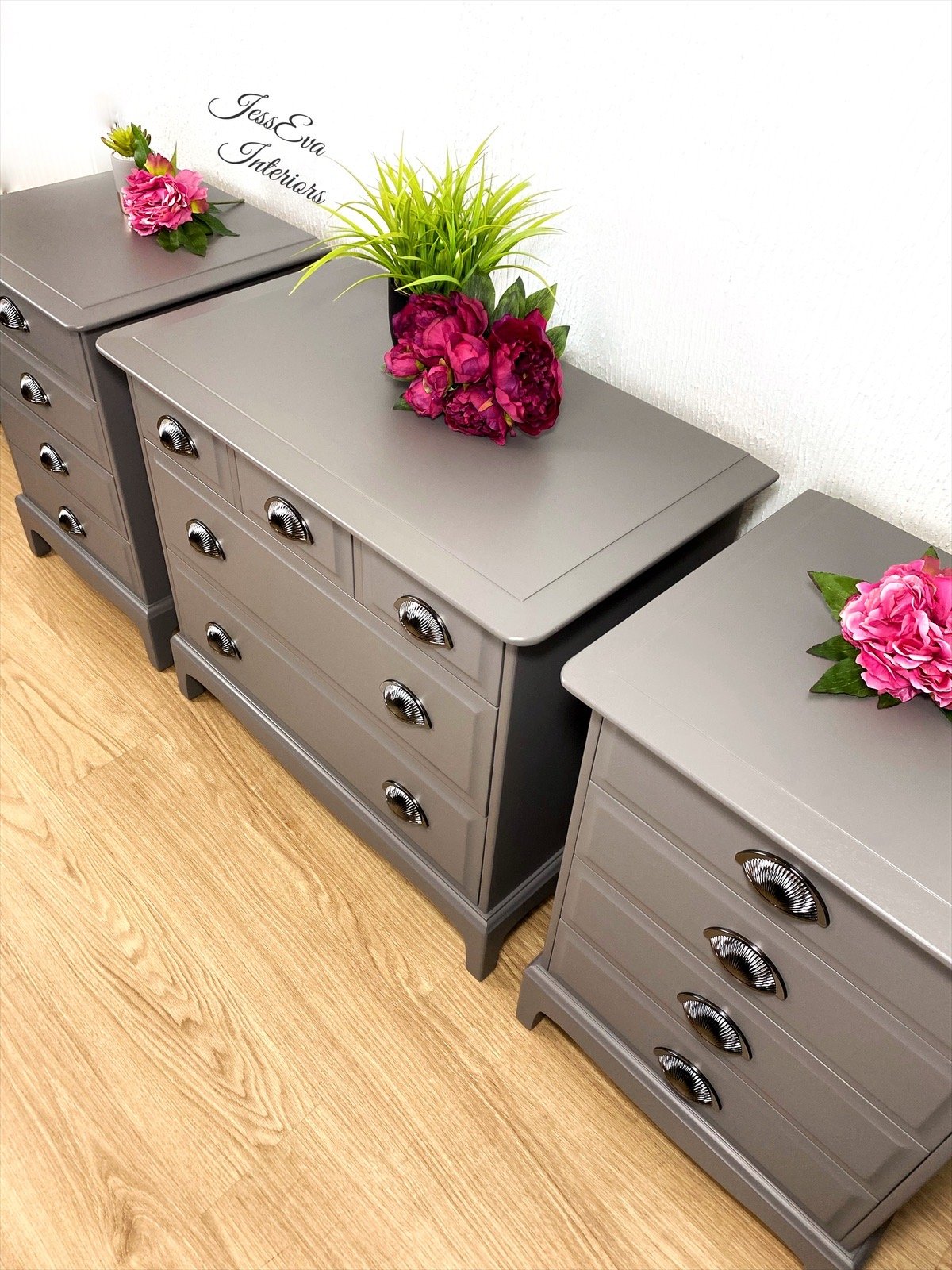 Stag Minstrel Bedroom Furniture Set, Grey Chest Of Drawers and Bedside Tables.