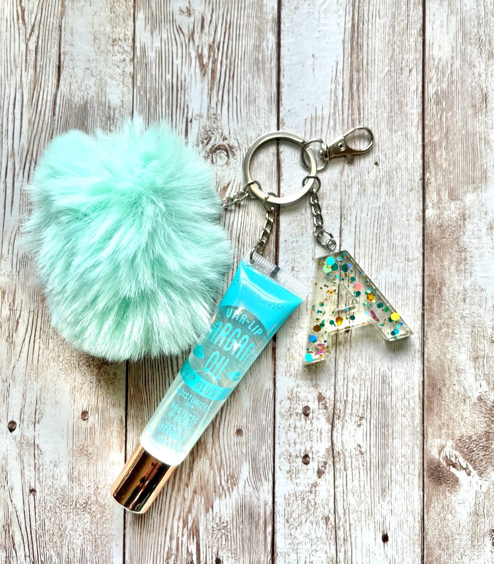 Initial Keychain With Broadway Lipgloss and PomPom