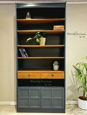 Image of Beautiful Nathan Bookcase in Dark Grey, Walnut Shelves and Antique Brass handles