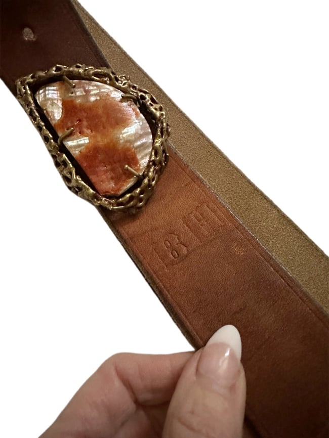 early 1970s leather and abalone buckle French belt