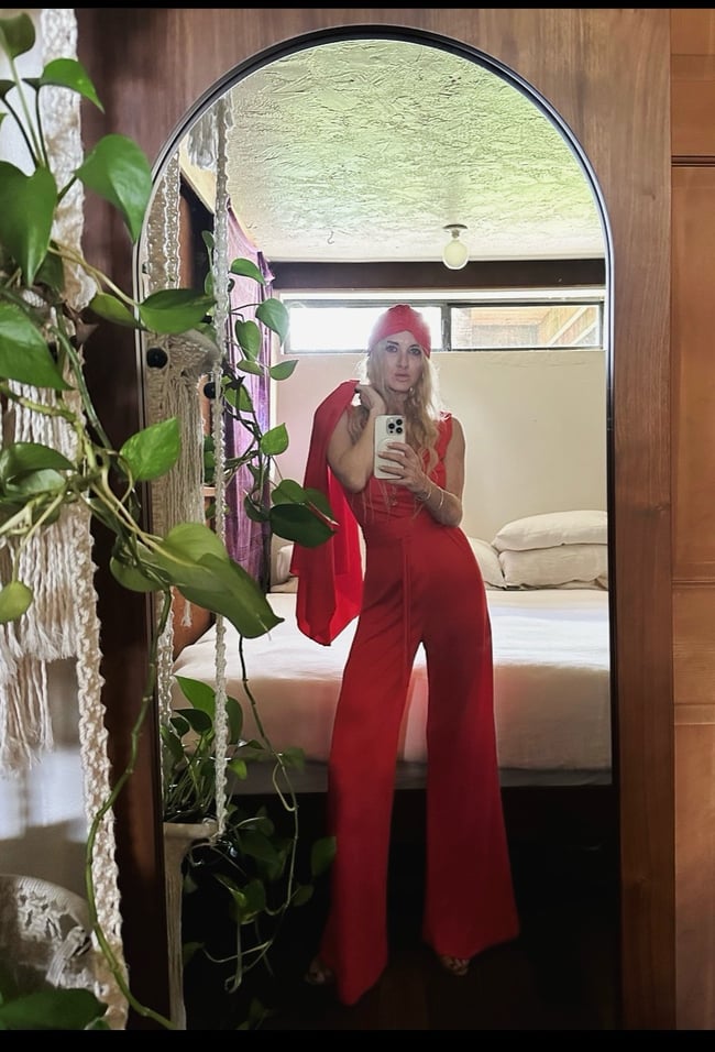 early 1970s deadstock cowl neck jumpsuit with belt, scarf and turban