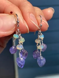 Image 5 of Beautiful Tanzanite and Welo Opal Earrings, Tanzanite Carved Crystal Leaf Earrings